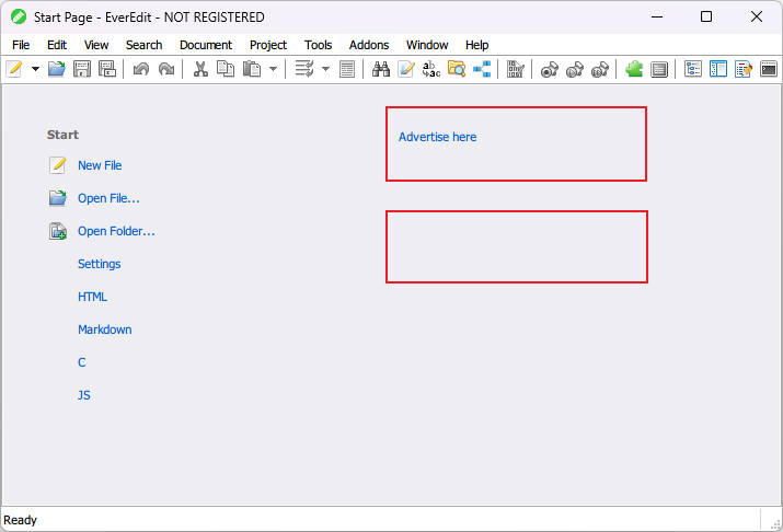 EverEdit Start Page with the ad slots outlined in red